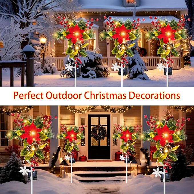 Solar Christmas Decorations Outdoor, 32 Inch Solar Christmas Cross Stake Lights, Waterproof Grave Decorations with Poinsettia Flower Pinecones Red Berries for Garden Yard Patio Lawn Cemetery
