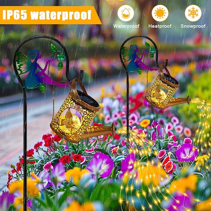 Solar Lights Garden Decorative, Solar Watering Can with Cascading Lights, Waterproof Metal Lantern with Fairy Shepherd Hook, Outdoor Decor for Yard, Patio, Lawn, and Pathway