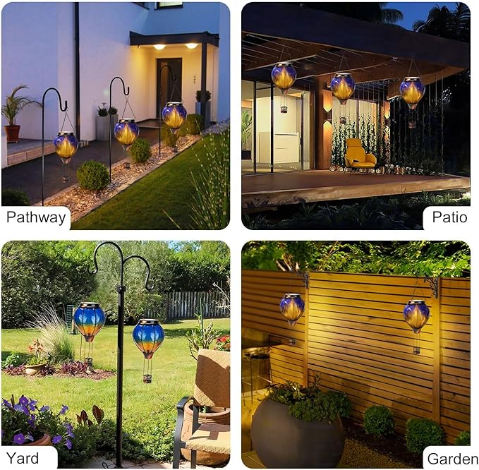 pearlstar Hot Air Balloon Solar Lantern with Flickering Flame Light, Outdoor Solar Hanging Lights Waterproof for Garden Yard Patio Farmhouse Decoration,Stained Glass Blue