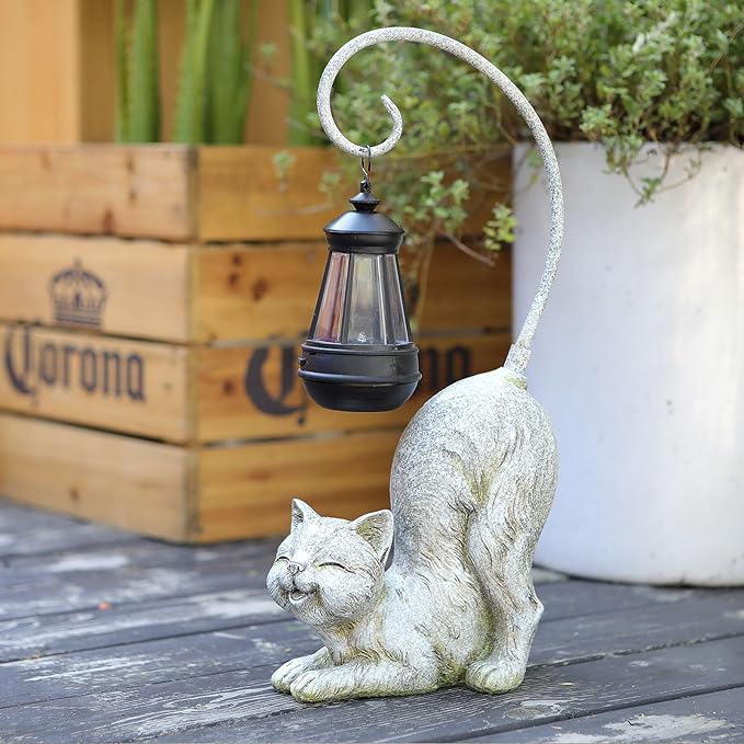 Laughing Cat Figurine with Solar-Powered LED Light, 15.7 Inches Tall Marble, Perfect for Gift Garden Decor or Housewarming for Cat Lovers.