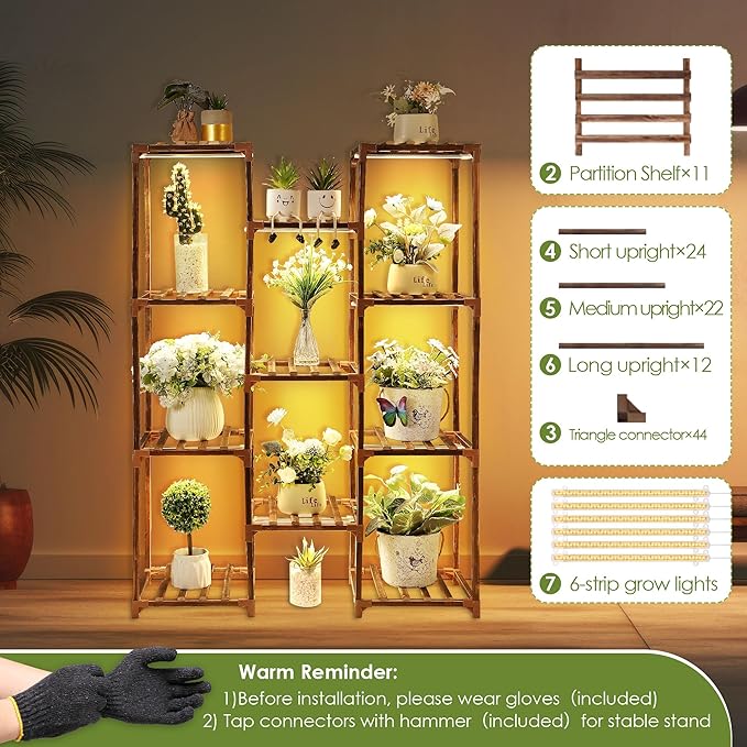 Plant Stand with Grow Lights Indoor, 11 Tiers Shape Plant Shelf with Light Full Spectrum Led Grow Light, Timer Function and Brightness Adjustment, Wood Plant Stand Indoor for Corner Living Room