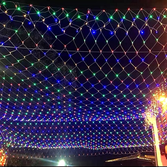 WATERGLIDE Outdoor Christmas Net Lights, 12FT x 5FT 360 LED Mesh String Light with 8 Lighting Modes, Connectable Light for Garden Tree Bushes, Holiday Wedding Party Decorations, Multicolor