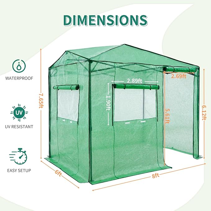 EAGLE PEAK 8x6 Portable Walk-in Greenhouse, Pop-up Indoor Outdoor Garden Green House, Zippered Door and Window, PE Cover, Green