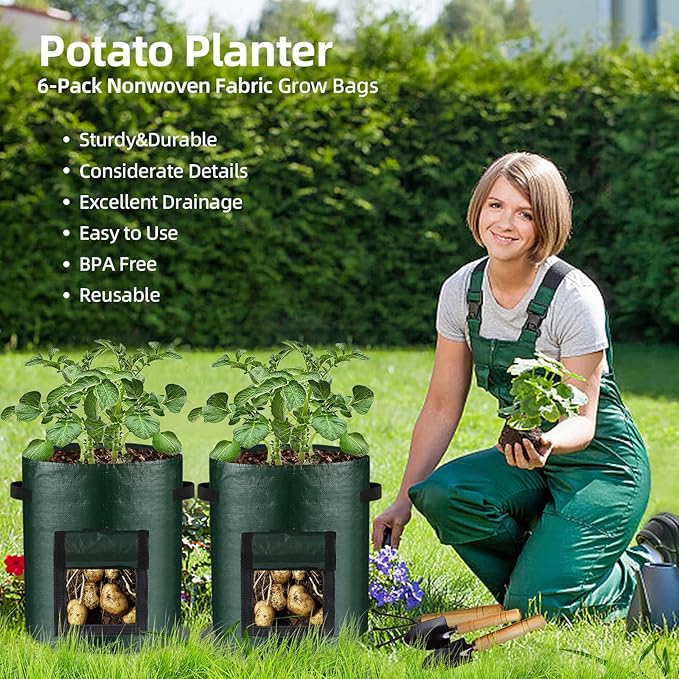 10 Gallon 3-Pack Potato Grow Bags, Heavy Duty PE Fabric Pots with Flap and Handles, Green Planter Bags for Potato Vegetables Outdoor Garden, 17.7''x13.8'' Large for All Plants Growing
