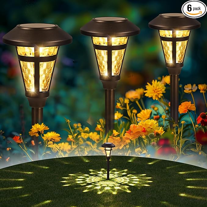Solar Pathway Lights Outdoor 6 Pack, Warm White Lights Outdoor Waterproof, Bronze Finished Solar Garden Light for Yard Decor, Patio, Landscape, Lawn, Walkway, Pathway, Garden