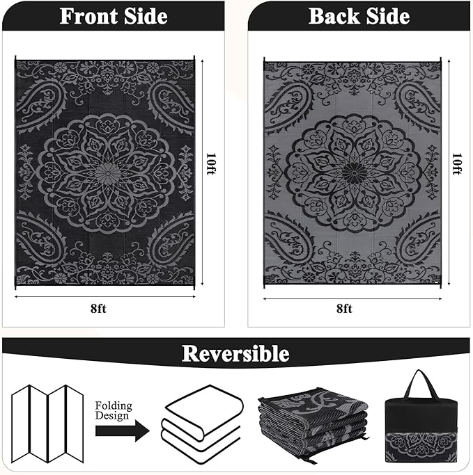 Pauwer Waterproof Outdoor Rug 8x10, Reversible Plastic Straw Patio Camping Rug, Indoor Outdoor RV Mat Carpet for Deck, Camper, Porch, Balcony, Backyard, Picnic, Boho Black Grey