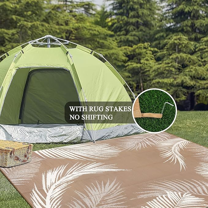 Pauwer Waterproof Outdoor Rug 8x10, Reversible Plastic Straw Patio Camping Rug, Indoor Outdoor RV Mat Carpet for Deck, Camper, Porch, Balcony, Backyard, Picnic, Leaf Brown