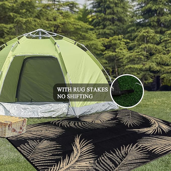 Pauwer Waterproof Outdoor Rug 8x10, Reversible Plastic Straw Patio Camping Rug, Indoor Outdoor RV Mat Carpet for Deck, Camper, Porch, Balcony, Backyard, Picnic, Leaf Black Brown