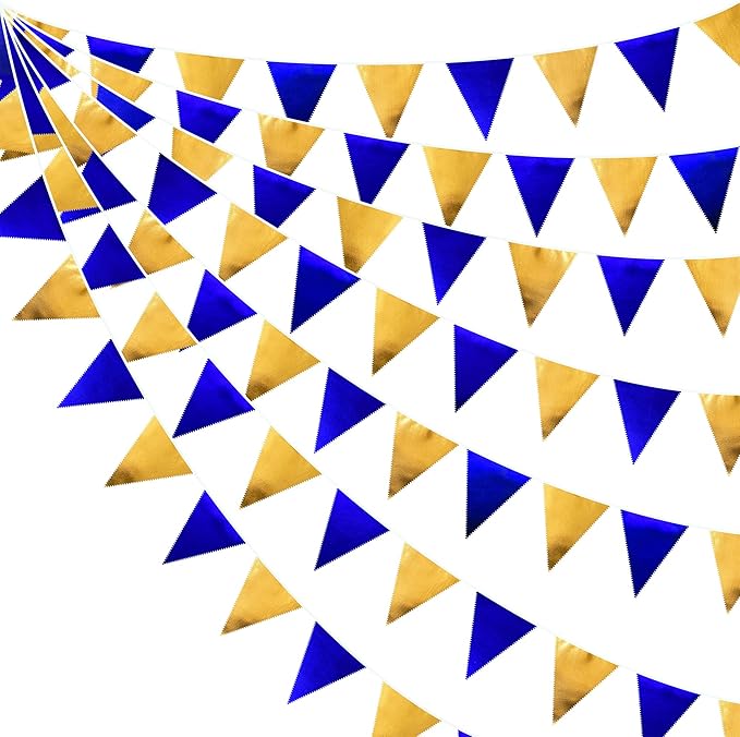 Royal Blue Gold Party Decoration Navy Blue Gold Triangle Pennant Banner Flag Metallic Fabric Bunting Garland for Graduation Birthday Wedding Retirement Bridal Shower Nautical Ahoy Achor Party Supplies