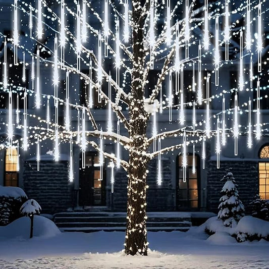 Meteor Shower Lights Christmas Lights Outdoor 24-Tube 576LEDs Snow Falling Rain Cascading Icicle Lights for Xmas Tree Christmas Decorations Wedding Party Holiday Garden Decor, UL Plug White