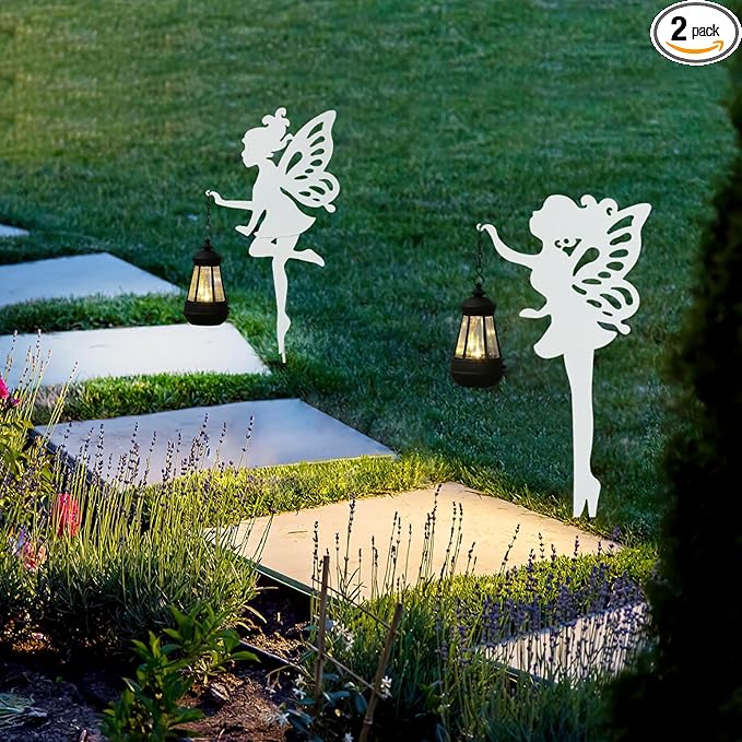 Solar-Garden-Lamp 2 Pack Metal Fairy Hanging Lanterns, Solar Outdoor Decorative Stake Ornaments for Lawn, Patio or Courtyard, White