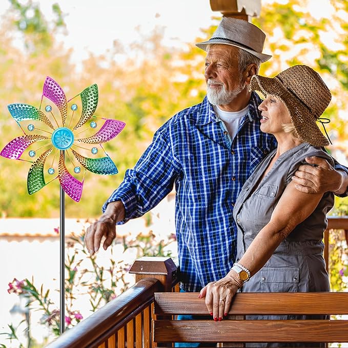 Outdoor Kinetic Wind Spinner, Wind Sculpture Yard Art Decor with Stake, Geometric Metal Windmill for Garden Lawn & Patio Decoration (B-Colorful-1PCS)