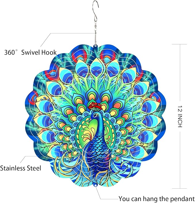 Peacock Wind Spinners Metal Peacock Gifts for Mom Women Grandma,12inch Hanging Wind Spinner for Outdoor&Indoor Decor Wind Kinetic Christmas Ornament Gifts for Yard Garden Decoration