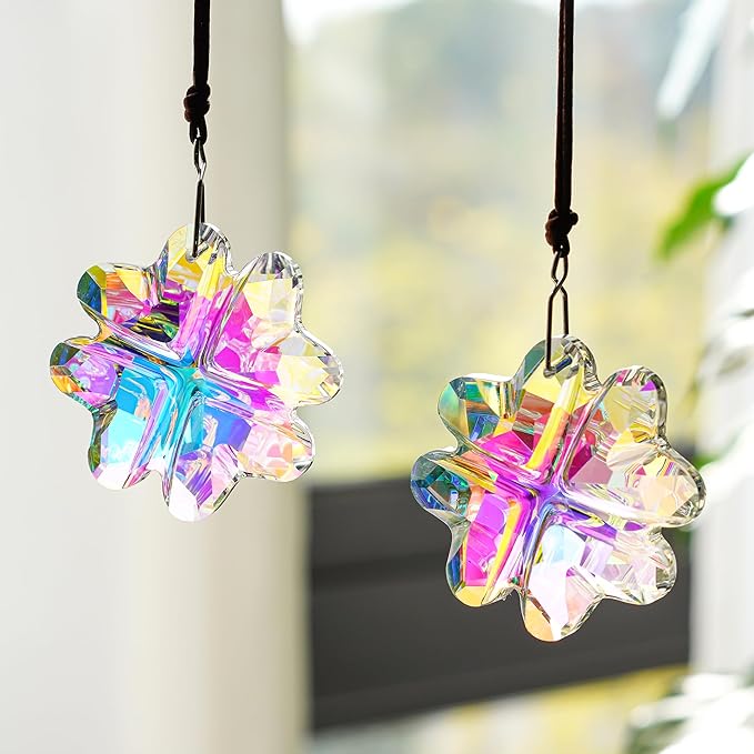 HDCRYSTALGIFTS 2PCS Crystal Prisms Suncatchers for Windows Christmas Ornaments,Lucky Four Leaf Clover Rainbow Maker Hanging Prism Sun Catchers for Home Garden Decoration,45mm