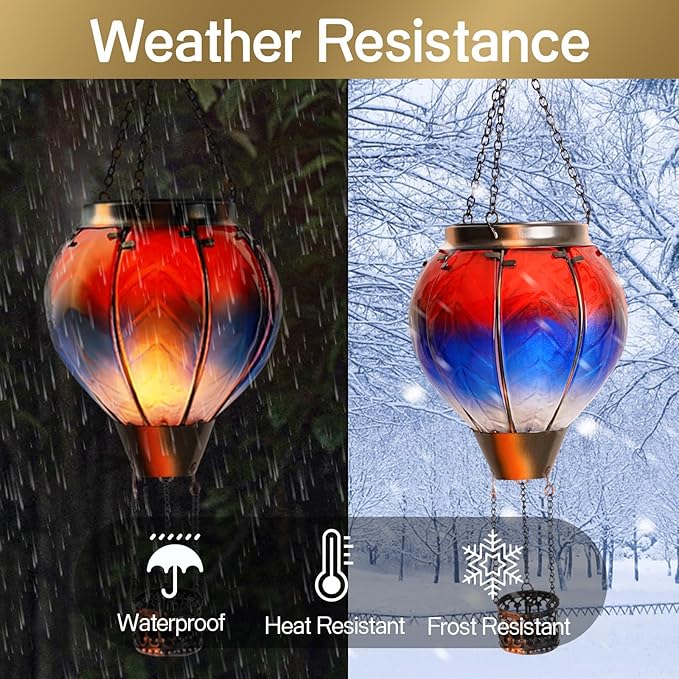 pearlstar Hot Air Balloon Solar Lantern with Flickering Flame Light Outdoor Solar Hanging Lights Waterproof for Garden Yard Farmhouse Patio Pathway Outside Decoration,Glass(Red&Blue)