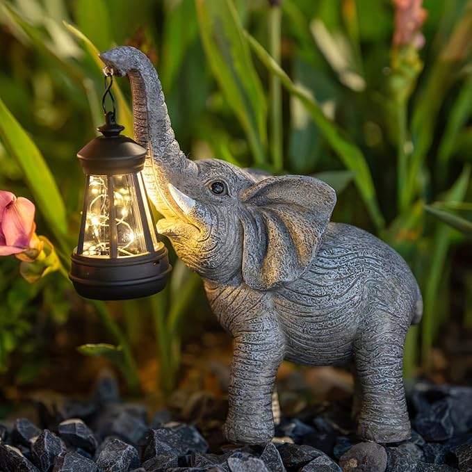 Solar Garden Statue Lights Elephants Figurine with Solar Lantern, Outdoor Yard Decorations for Patio Porch Home, Christmas Elephant Gifts for Women - Unique Housewarming Gifts