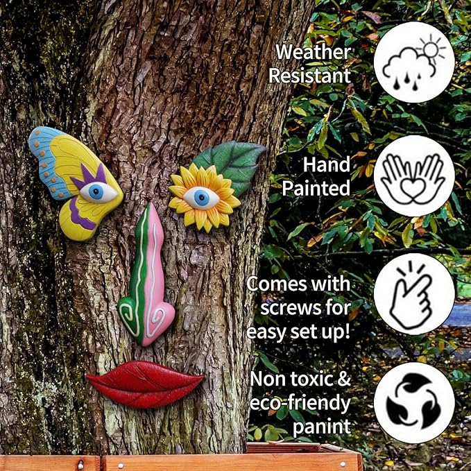 Tree Faces Decor Outdoor,Funny Tree Faces Sculpture,Colorful Fence Decorations Outdoor,Suitable for Yard and Garden Art Decor(Colorful Leaves&Colorful Butterfly)
