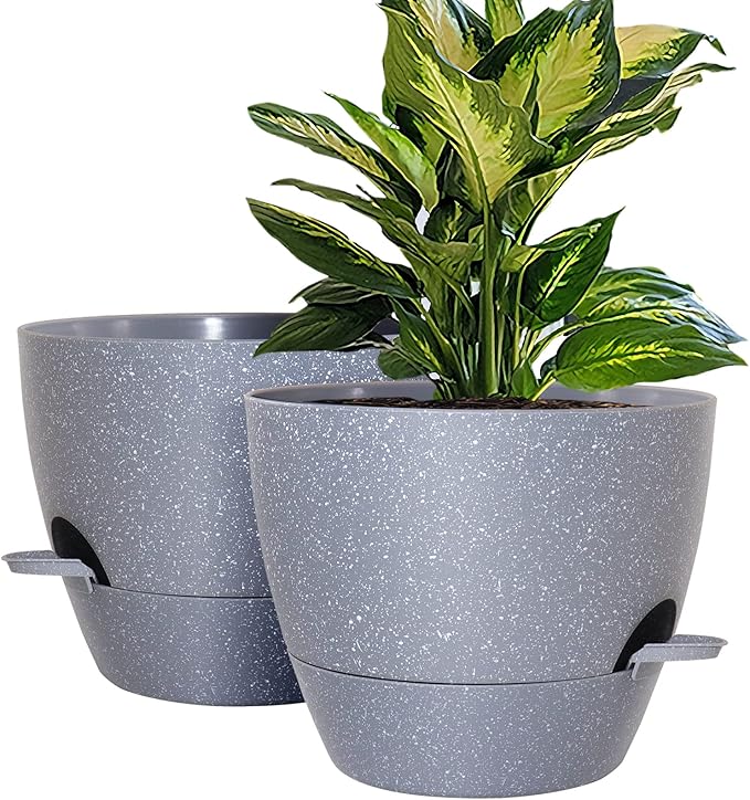 WOUSIWER 10 inch Self Watering Planters, 2 Pack Large Plastic Plant Pots with Deep Reservior and High Drainage Holes for Indoor Outdoor Plants and Flowers, Speckled Grey