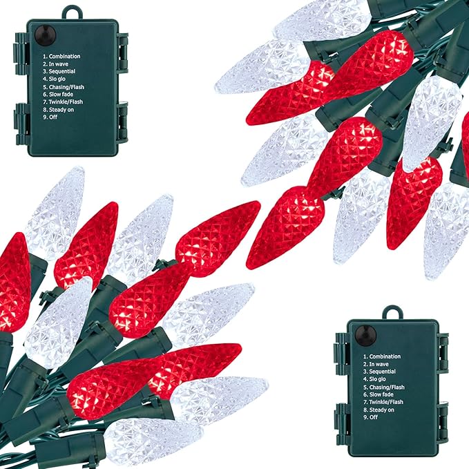 Brightown C6 LED Christmas String Lights - 2 Pack Each 20ft 60LED Battery Operated Strawberry String Lights with Timer and 8 Light Modes for Christmas Trees Wreaths, Indoor Xmas Decor, Red and White