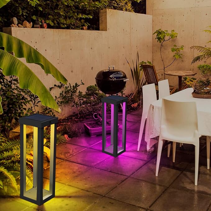 Solar Patio Floor Lamp Outdoor, 2 Pack RGB Color Changing Landscape Path Lights Garden Decorations Waterproof 12H Endurance Cordless Landscaping for Porch Lawn Yard Backyard (Black)