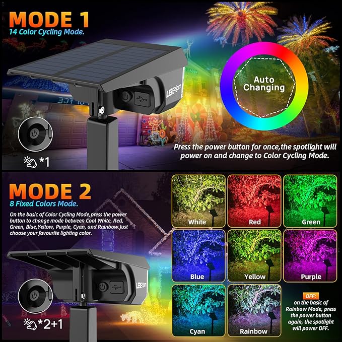 Color Solar Lights Outdoor Waterproof Spotlights with 9 Light Modes, Color Changing Solar Outdoor Lights for Decorate Festivals, Colored Solar Spot Lights Auto On/Off, RGBW Landscape Lights