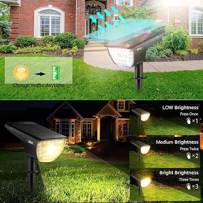 Jior Solar Landscape Spot Lights Outdoor 32 LED IP65 Waterproof Solar Powered Wall Lights 2-in-1 Adjustable Lights for Garden Yard Driveway Walkway Pool Patio 4 Pack (Warm White)