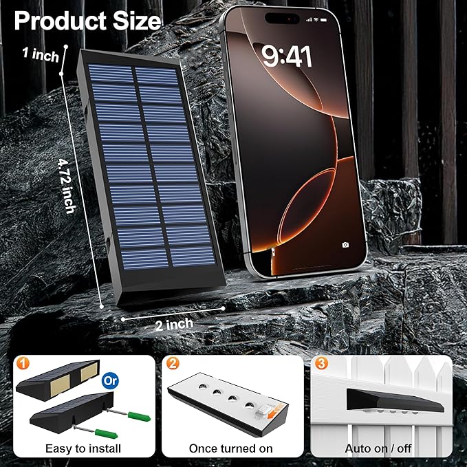 Solar Fence Lights Outdoor Waterproof IP65, 8 Pack Fence Lights Solar Powered 60 Lumens Auto On/Off Step Wall Lights Outside Decorations for Yard, Porch, Patio, Stairs, Pool, Deck, Garden- Warm Light