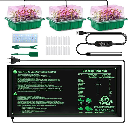 Verdenu Seed Starter Tray with Grow Lights and Heat Mat, 3 Pack 72-Cell Seedling Starter Kit with Humidity Dome, 3 Lighting Mode, 4 Dimming Level, Reusable Seed Germination Kit for Indoor Plant