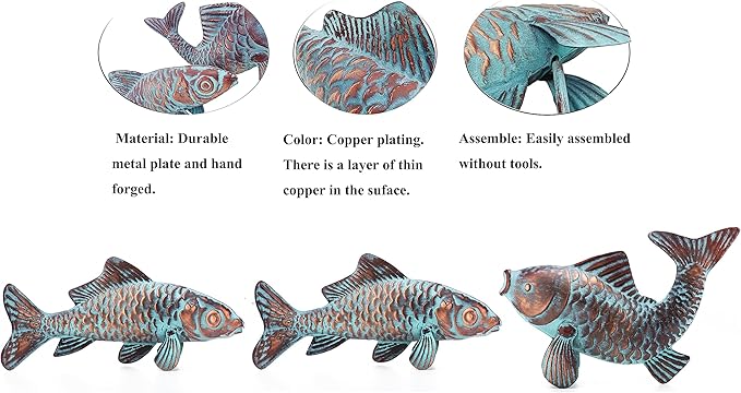 Set of 3 Garden Koi Fish Statue Antique Copper Fishes Outdoor Décor Garden Sculptures & Statues Metal Koi Fish Figurine Ornaments for Outdoors,Patio Decor,Backyard and Home Kitchen Decorations