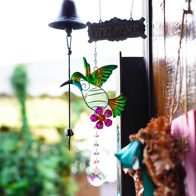 Stained Metal Hummingbird Suncatcher, Window Crystal Prisms Sun Catcher Hanging Ornament Rainbow Maker Bird Garden Wall Art Fence Decorations