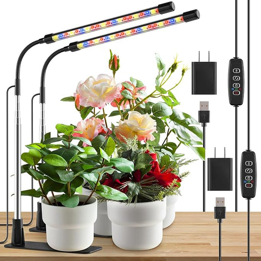 Grow Light, LED Plant Light for Indoor Plant Growing, Full Spectrum Desk Grow Lamp with Base,10 Dimmable Levels, Plant Lamp with Automatic Timer for 3/9/12H, Height Adjustable 6.5"-26"(2 Pack)