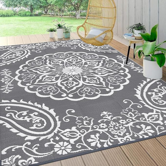 Pauwer Waterproof Outdoor Rug 8x10, Reversible Plastic Straw Patio Camping Rug, Indoor Outdoor RV Mat Carpet for Deck, Camper, Porch, Balcony, Backyard, Picnic, Boho Grey