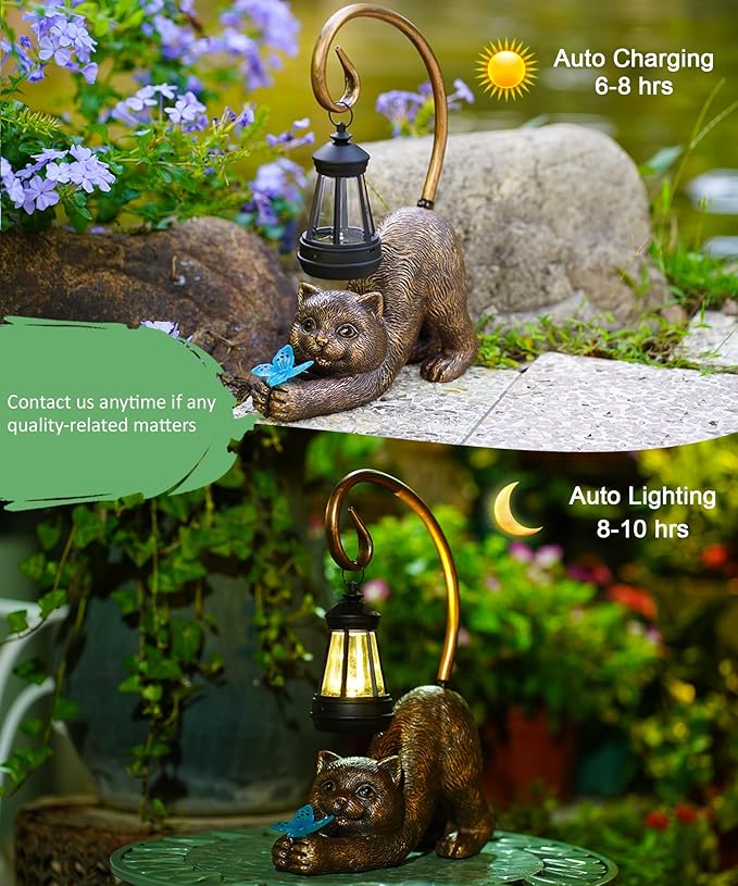 Solar Cat Garden Statue for Outdoor: Outside Sculptures Decor for Art Patio Balcony Yard Lawn – Unique Birthday Gift for Women Mom Grandma