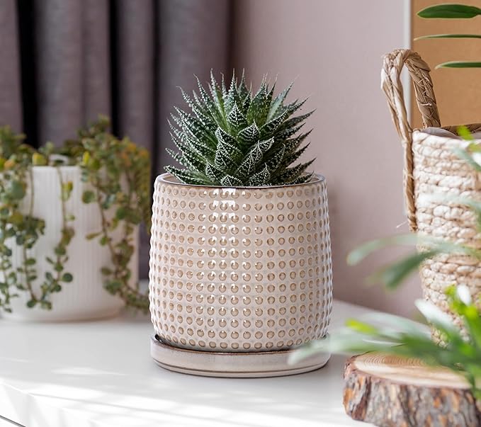 D'vine Dev 4 Inch Ceramic Beaded Stoneware Planter Pot - Flower Pot with Drainage Holes and Saucers for Indoor Succulent Plants or Flowers, Light Brown, 27-C-Z-4
