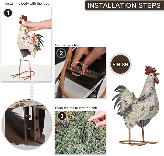 TERESA'S Collections Farmhouse Metal Rooster Garden Statues Decor, 15 Inch Rustic Outdoor Chicken Sculpture Figurines Yard Art for Farm Patio Lawn Kitchen Decorations,Spring Decor, Gift for Mom