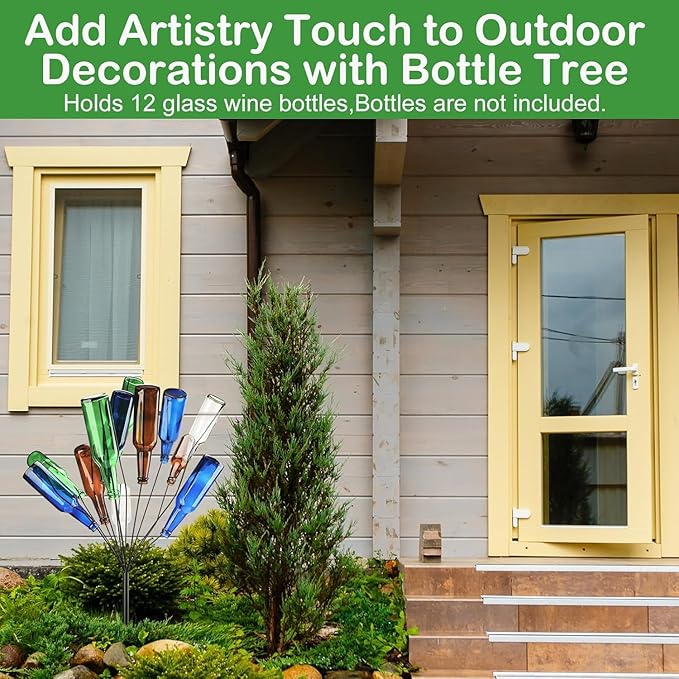 2 Pcs 12 Wine Bottle Tree Garden Outside 36 Inches Glass Bottle Tree Colorful Garden Decorative Bottle Holder Artificial Black Metal Bottle Trees for Lawn Yard Garden Outdoor Decor