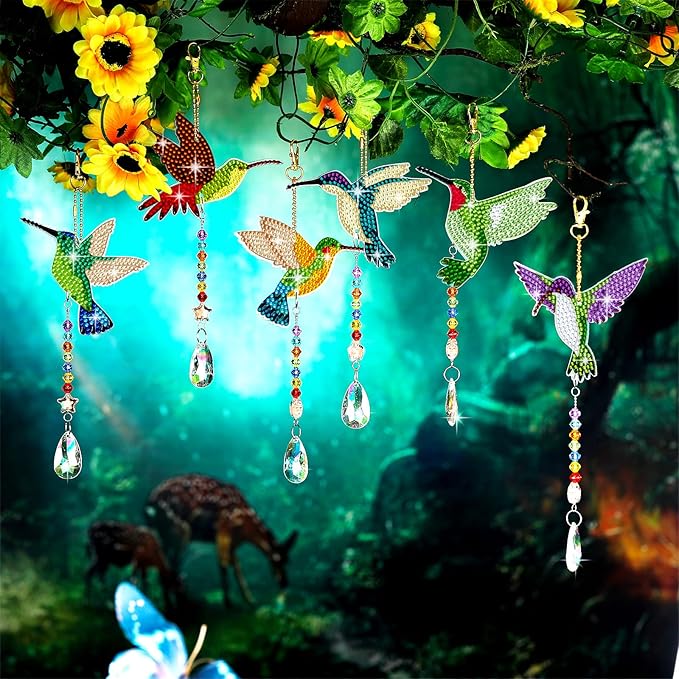 Tradder 6 Pcs Diamond Art Kits 5d Rhinestone Painting Wind Chimes Art Sun Catchers Double Sided Hummingbird Birds Art Kits with Crystal Pendant for Adults Home Window Decor Garden