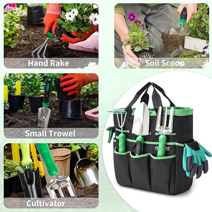 Garden Tool Set with Bag and Gloves, Heavy Duty Stainless Steel Gardening Tool Set, Ideal Gardening for Women and Men, Set of 9