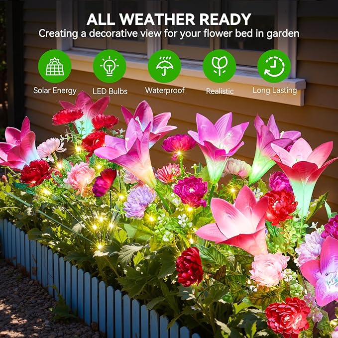 Solar Flowers Lights Outdoor Waterproof, 2 Pack 2 in 1 Solar Lily Flowers Bouquet for Garden Decor, Multi LED Color Changing Garden Lights Outdoor for Pathway Yard Patio Decoration