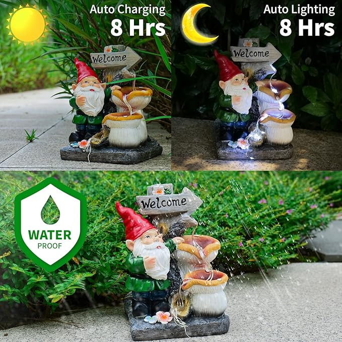 mopha Garden Gnomes Statues Outdoor Decor with Flowing Water Solar Lights Resin Figurines Outside Decoration for Patio Yard Lawn Porch Ornaments Clearance Gardening Gift