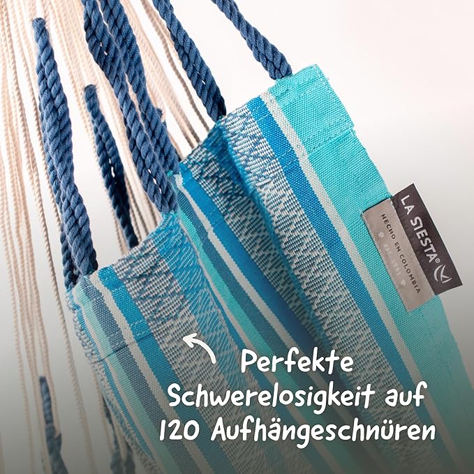 LA SIESTA® - XL King Habana Cotton Hammock Chair & CasaMount - Hanging Chair w/Suspension Kit for Walls Ceilings & Square Beams - Indoor Outdoor Swing Hanging Chair Bedroom Patio Balcony - Azure