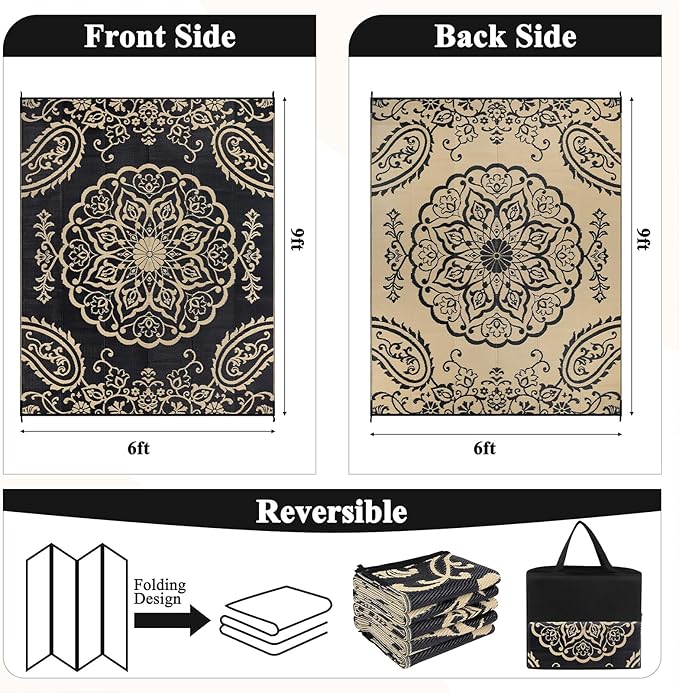 Pauwer Waterproof Outdoor Rug 6x9, Reversible Plastic Straw Patio Camping Rug, Indoor Outdoor RV Mat Carpet for Deck, Camper, Porch, Balcony, Backyard, Picnic, Boho Black Brown