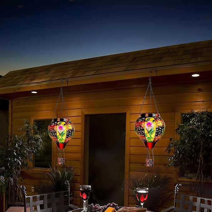 2 Pcs Hummingbird Solar Hot Air Balloon Lantern with Flame, Hot Air Balloon Decorations for Yard Porch Decor, Glass Large Hanging Outdoor Decor, Solar Lantern Waterproof, Hummingbird Gardening Gifts