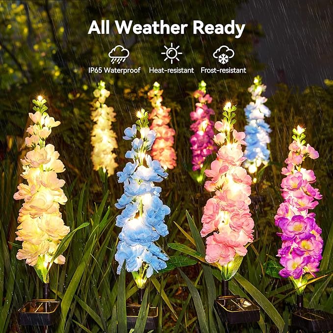 KOOPER Solar Lights Outdoor Garden Decor, 4 Pack Upgraded Delphinium Solar Garden Lights, 36 LEDs Garden Lights Solar Powered, Waterproof Solar Lights for Outside, Solar Flowers Lights for Yard Decor