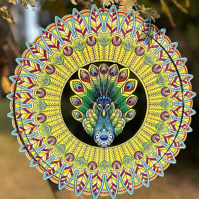 Wind Spinner Colorful Peacock 12 inch 3D Stainless Steel Laser Cut Metal Double Sided Printing-Hanging Indoor/Outdoor Decorations Yard Gardening Decor,Metal Kinetic Art Ornament Gifts
