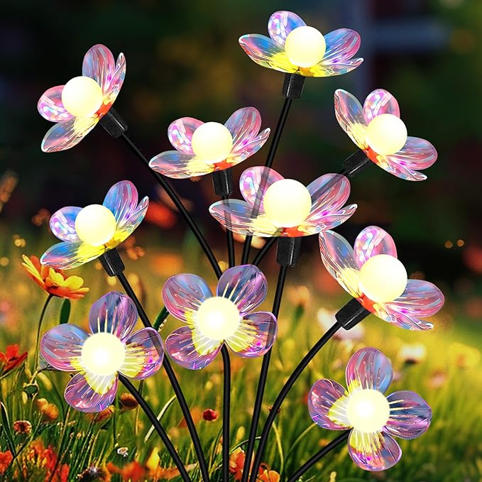 Solar Garden Lights Outdoor, NBQQ New Upgraded 4-Pack Firefly Solar Lights with Iridescent Petals & Warm White Glow - Waterproof Wind-Swaying Decor for Yard, Patio