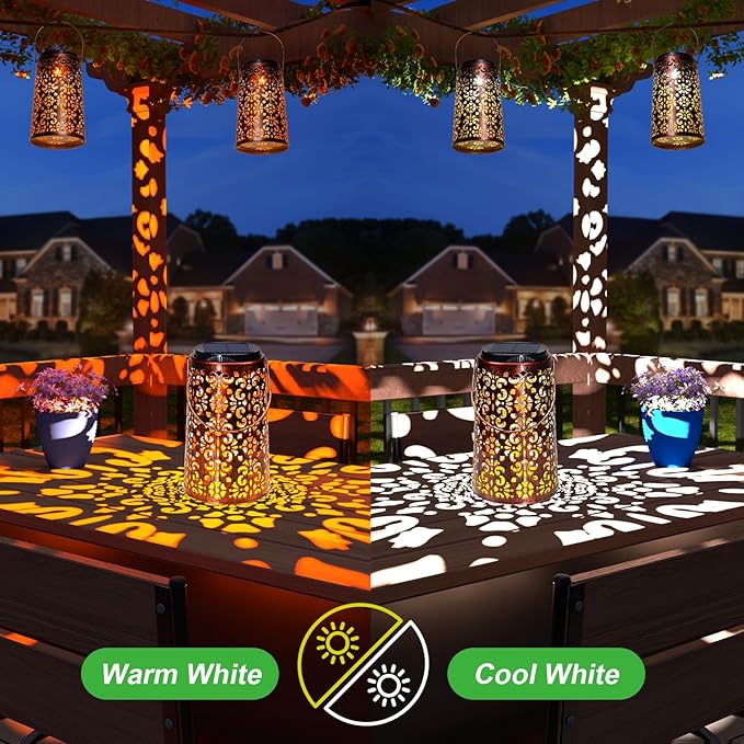 Outdoor Solar Lanterns - Hanging Solar Lights Halloween Lights Metal Lantern Decorative for Patio Garden Yard Backyard Table Tree Outside Lighting Cool/ Warm Light (6 Pack