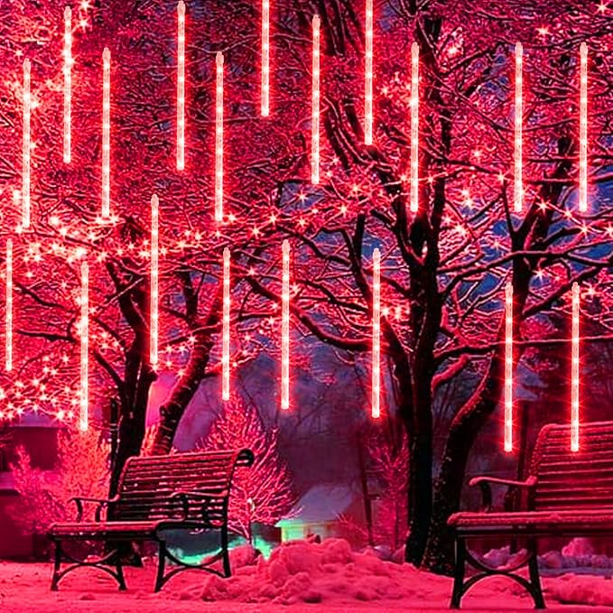 Dazzle Bright 288 LED Christmas Light, 11.8 Inch Meteor Shower Rain Lights with 8 Tubes，Waterproof Plug in Falling Rain Lights Christmas Decorations for Xmas Bushes Tree Yard Party (RED)