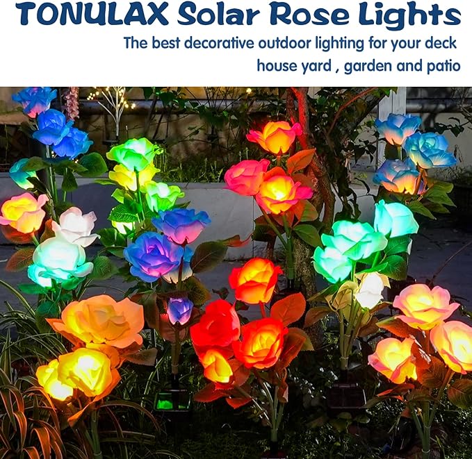 TONULAX Solar Garden Lights - Upgraded Outdoor Light, 7-Color Changing Rose Lights for Yard,Garden Decoration, Enlarged Solar Panel, More Realistic Rose Flower (2 Packs)