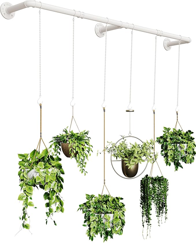 Plant Hanger Indoor, Hanging Planters for Indoor Plants with 6 Hanging Chains, Wall Plant Hanging Rod for Window Ceiling, 65 Inch, Metal/White…